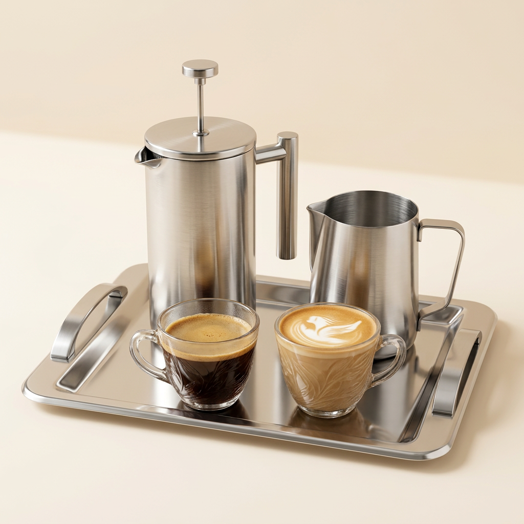 Kit Barista da Manhã: prensa francesa, leiteira e bandeja de inox